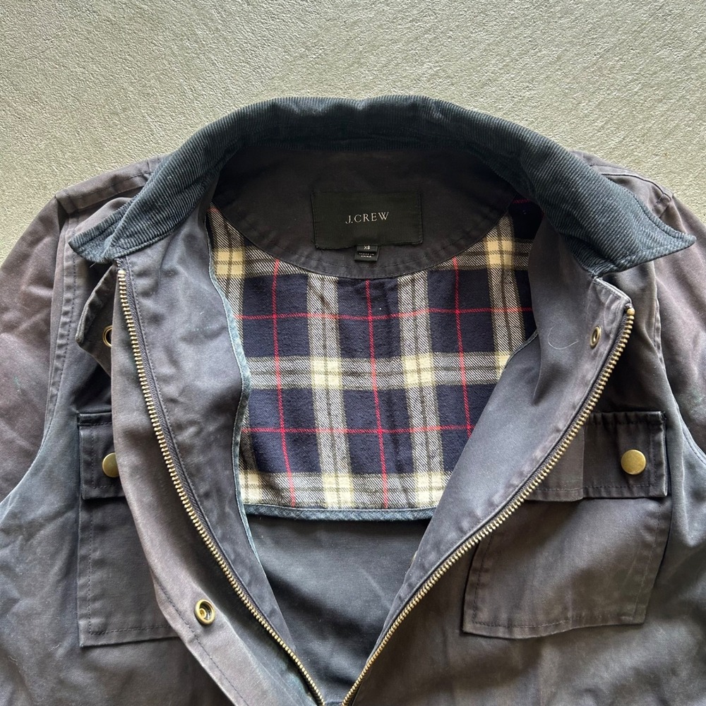 J.Crew Waxed Cotton Long Field Work Jacket Size XS Navy Blue Brown Parka 02745 - Picture 3 of 9